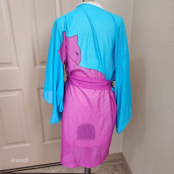 Vintage fun cat blue and pink Kimono robe FLAWED whimsy fairy - Picture 1 of 8